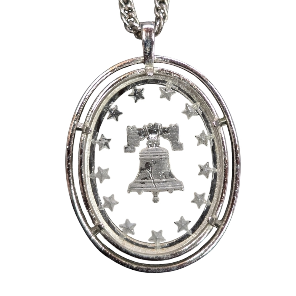 Vintage Silver Tone Crown Trifari etched glass Liberty Bell pendant necklace